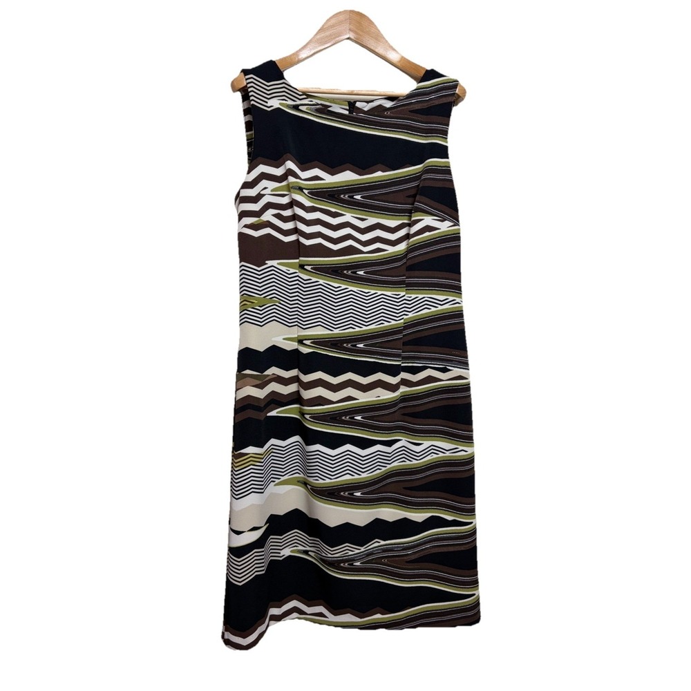 Connected Apparel Y2K Printed Green Black Brown Stripe Art Shift Dress Size 8